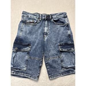 Jeanious Level Denim Cargo Shorts Acid Wash Utility Y2K Streetwear SZ 30